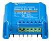 Angled view of blue DC-DC converter showing terminal block and green status LED