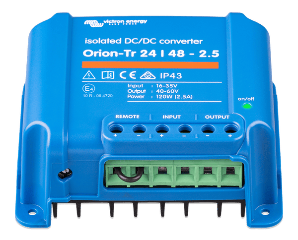 Angled view of blue DC-DC converter showing terminal block and green status LED