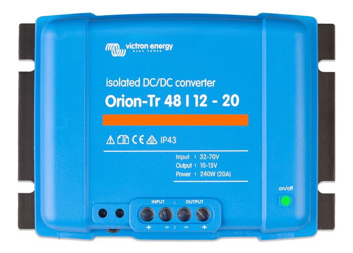 Front view of blue Orion-Tr 48/12-20 isolated DC-DC converter with terminal labels