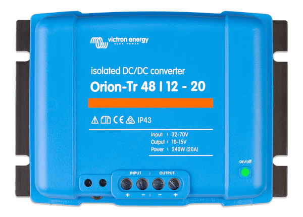 Front view of blue Orion-Tr 48/12-20 isolated DC-DC converter with terminal labels