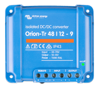 Front view of Victron Orion-Tr 48/12-9 isolated DC-DC converter with green status LED and screw terminals