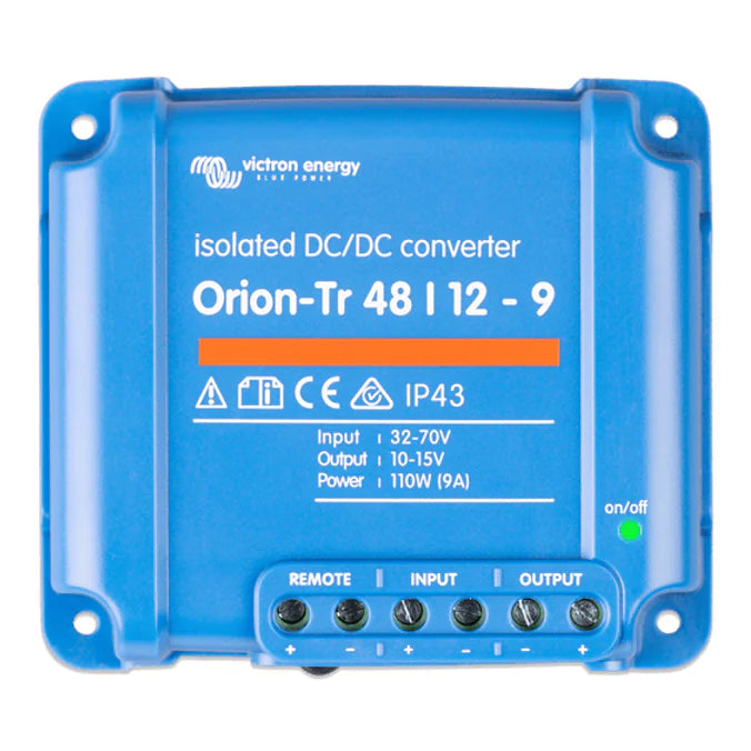 Front view of Victron Orion-Tr 48/12-9 isolated DC-DC converter with green status LED and screw terminals