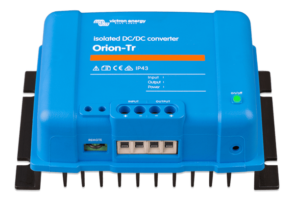 Front angled view of Victron 12V DC-DC converter showing terminal block and remote port