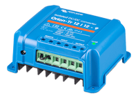 Angled view of blue DC-DC converter showing green screw terminals and cooling fins