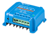 Angled view of blue DC-DC converter showing green screw terminals and cooling fins