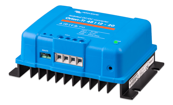 Isometric view of the Victron Orion-Tr 48V to 12V isolated DC-DC converter