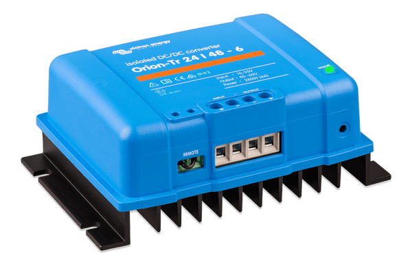 Left angled view of the Victron Orion-Tr isolated converter highlighting the remote port
