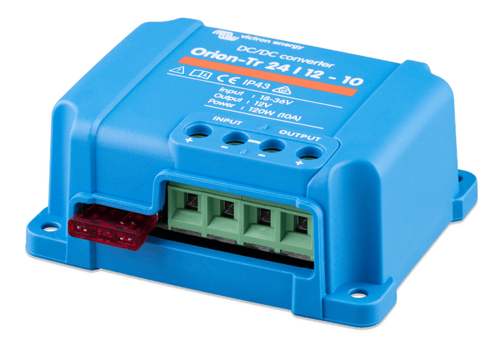 Side perspective of blue Victron 24V to 12V power converter with mounting base
