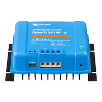 Angled view of Victron DC-DC converter showing heatsink fins and remote terminal port