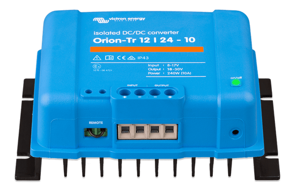 Angled bottom view of the Victron Orion-Tr converter showing input and output screw terminals