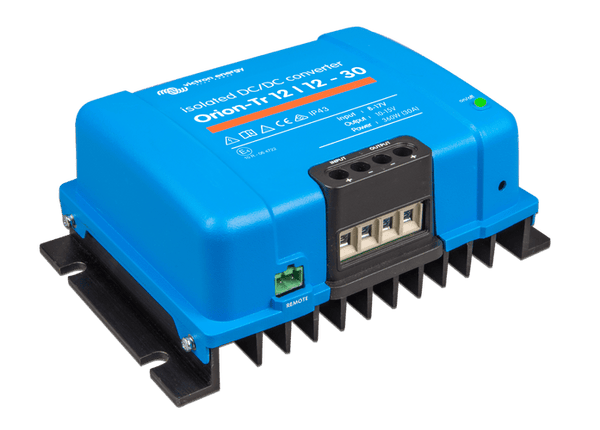 Perspective view of the isolated DC-DC converter showing the mounting brackets and blue enclosure