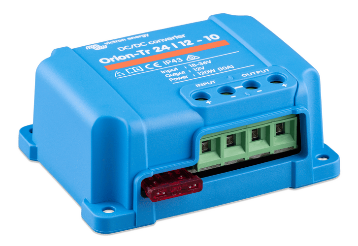 Front angled view of Victron Orion-Tr 10A converter highlighting the terminal access