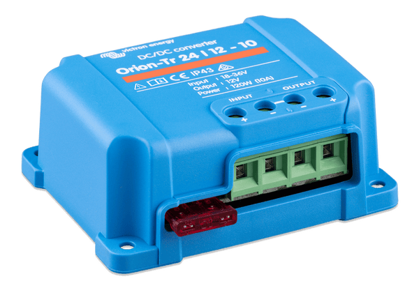 Front angled view of Victron Orion-Tr 10A converter highlighting the terminal access