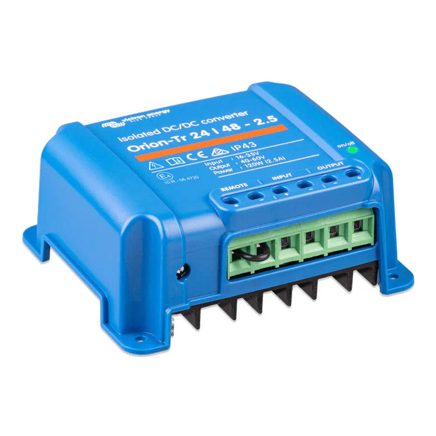 Perspective view of Victron Orion-Tr DC-DC converter with green power indicator light