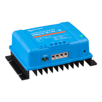 Right side angled view of blue Victron DC-DC converter showing enclosure depth and mounting holes