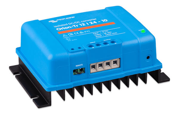 Right side angled view of blue Victron DC-DC converter showing enclosure depth and mounting holes