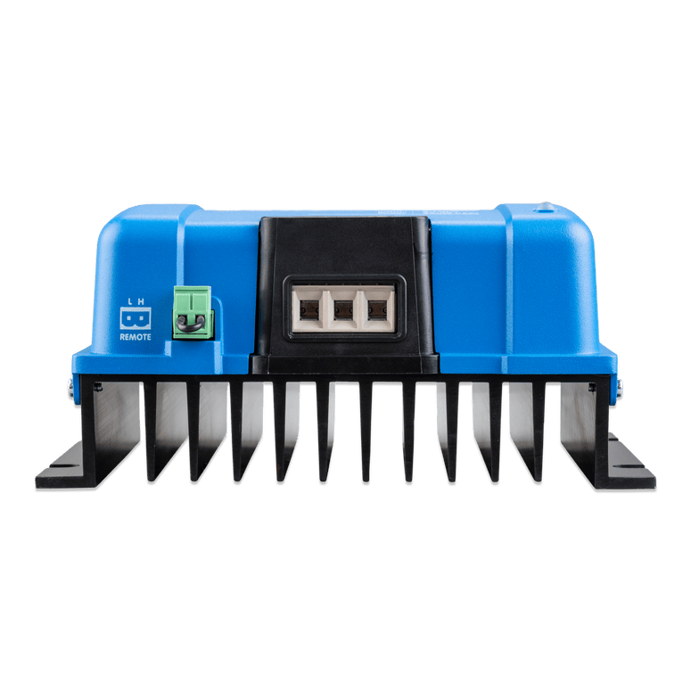 Frontal view of Victron Orion-Tr charger showing the high-efficiency aluminium heat sink
