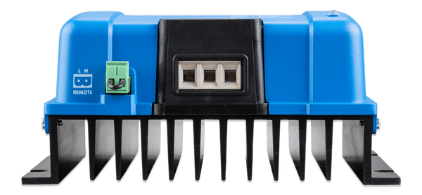 Frontal view of Victron Orion-Tr charger showing the high-efficiency aluminium heat sink