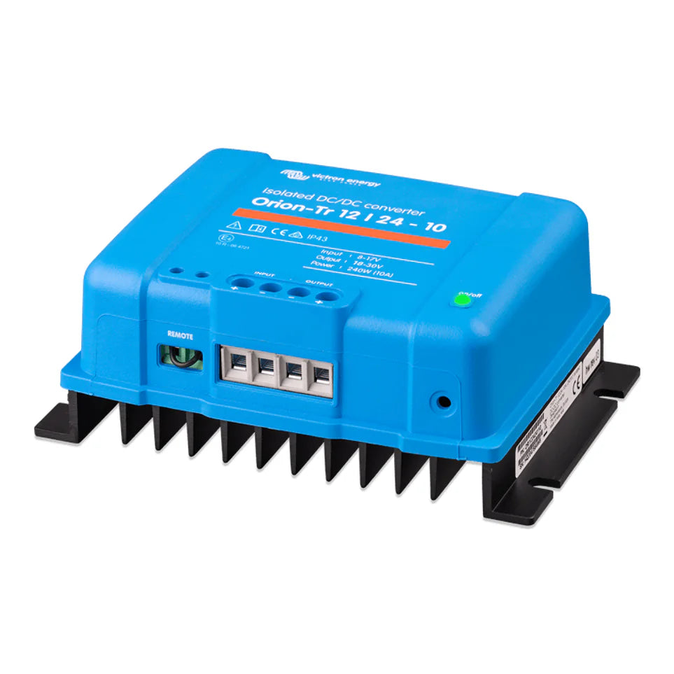 Side view of Victron isolated DC-DC converter highlighting the black aluminium heat sink base