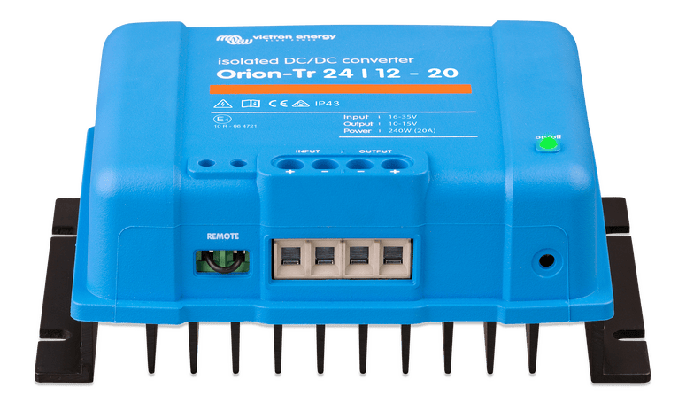 Victron Orion-Tr isolated converter showing wiring terminals, remote port and cooling fins