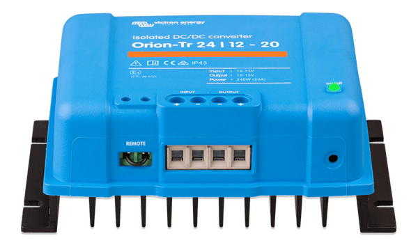 Victron Orion-Tr isolated converter showing wiring terminals, remote port and cooling fins