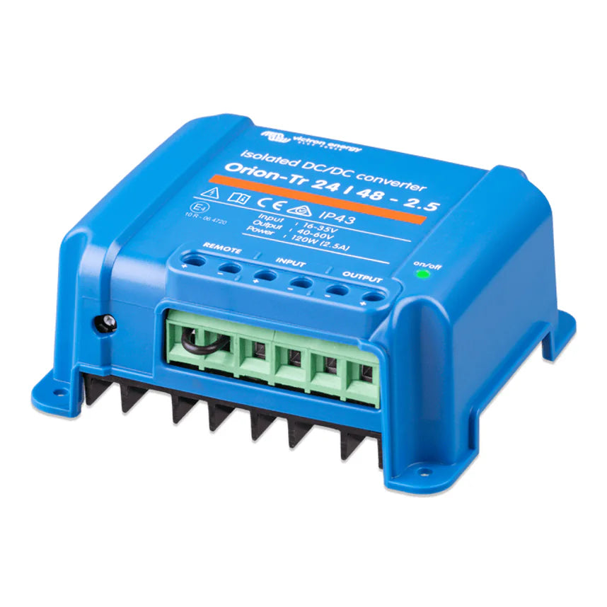 Side view of blue isolated converter showing integrated cooling fins and mounting flange