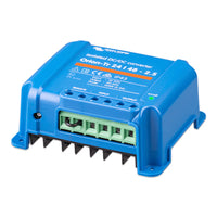 Side view of blue isolated converter showing integrated cooling fins and mounting flange