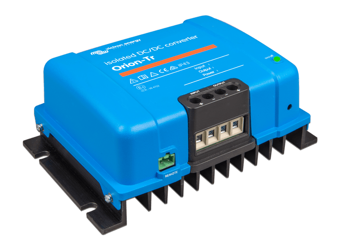 Side view of the isolated converter highlighting the green remote on-off terminal