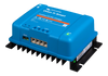 Angled perspective view of the blue Victron DC-DC charger showing terminal ports and heat sink