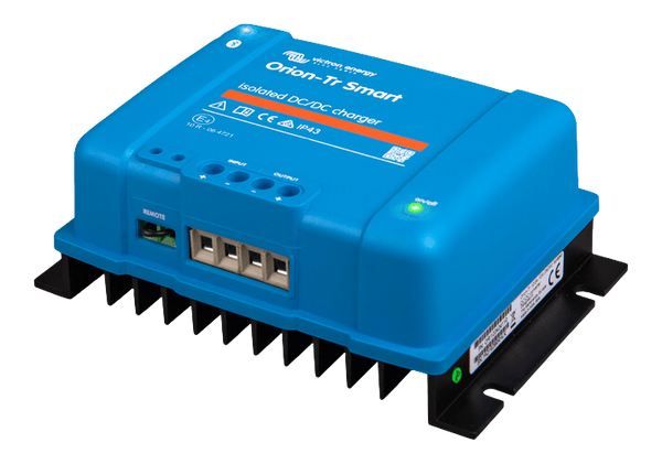Angled perspective view of the blue Victron DC-DC charger showing terminal ports and heat sink
