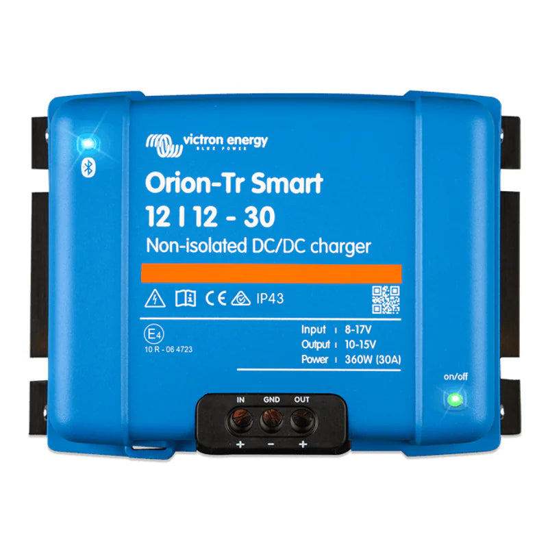 Blue Victron Orion-Tr Smart 12/12-30A non-isolated DC-DC charger front view