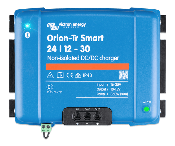 Top-down view of blue Victron Orion-Tr Smart 24/12-30A non-isolated DC-DC charger with terminal labels