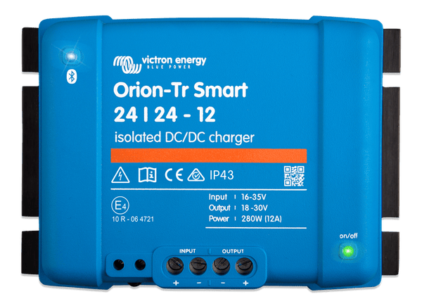 Front view of Victron Orion-Tr Smart 24/24-12 isolated DC-DC charger with terminal markings