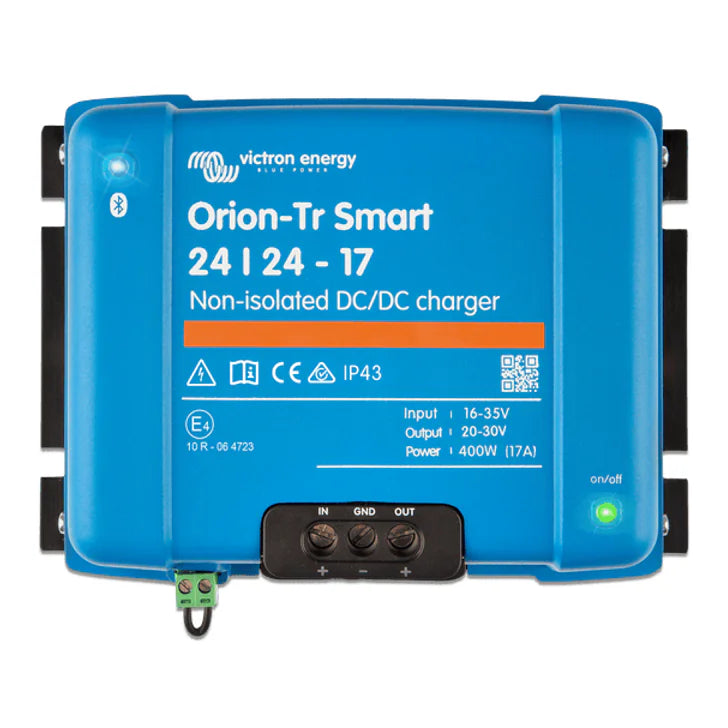 Front view of Victron Orion-Tr Smart 24/24-17 non-isolated DC-DC charger showing interface and labels