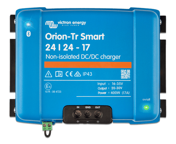 Front view of Victron Orion-Tr Smart 24/24-17 non-isolated DC-DC charger showing interface and labels