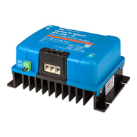 Perspective view of blue Victron DC charger with black cooling fins