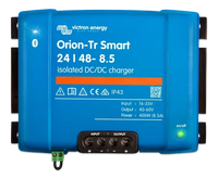 Front view of blue Victron Orion-Tr Smart 24/48-8.5 isolated DC-DC charger showing terminals and LEDs