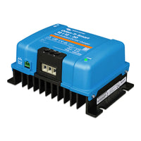 Angled view showing the large black heat sink and terminal connections of the 30A charger