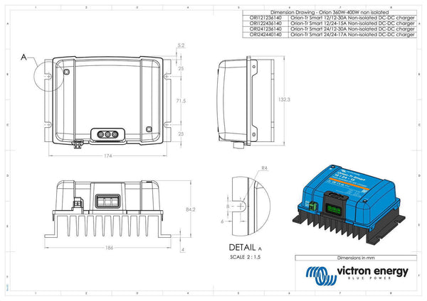 Dimensional drawing of the Orion-Tr Smart charger showing 130x186x80mm measurements