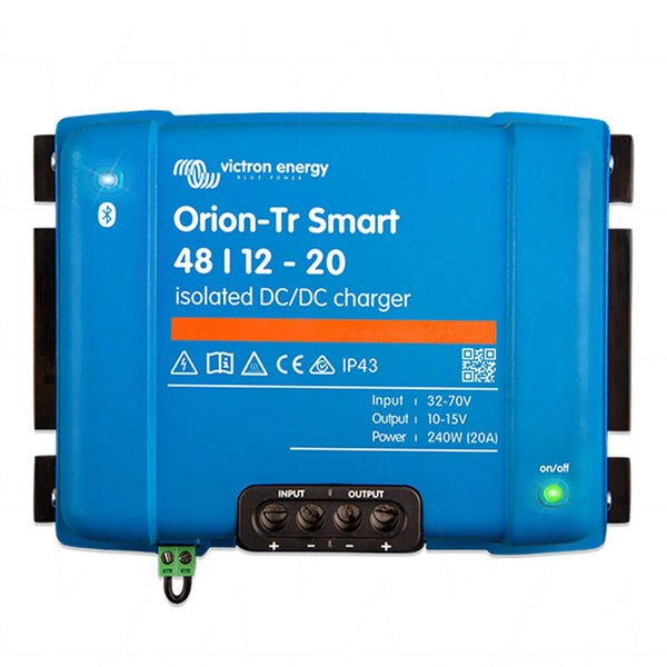 Front view of Victron Orion-Tr Smart 48/12-20 isolated DC-DC charger showing terminal block and status LEDs