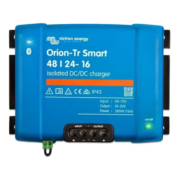 Front view of blue Victron Orion-Tr Smart 48/24-16 isolated DC-DC charger showing terminals and status LEDs