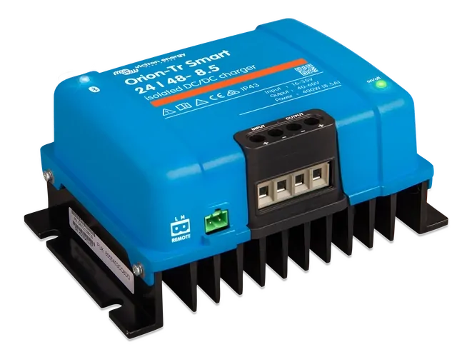 Side perspective view of the blue Victron DC-DC charger showing mounting points and heat sink fins