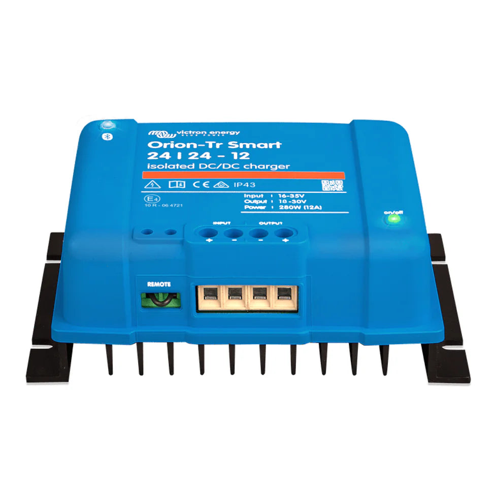 Front perspective view of Victron Orion-Tr Smart 24/24-12A isolated DC-DC charger highlighting screw terminals