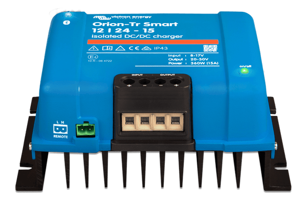 Front perspective view of the blue Victron DC-DC charger showing interface labels