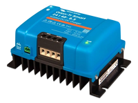 Angled side view of Victron Orion-Tr charger showing the black aluminium heat sink base
