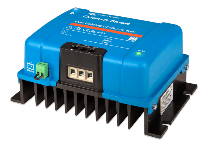 Angled view of Victron DC-DC charger showing cooling fins and screw terminal block