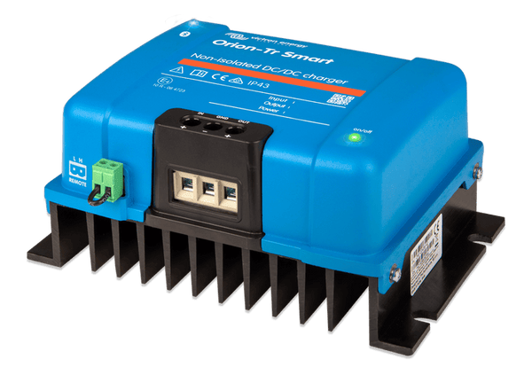 Angled view of Victron DC-DC charger showing cooling fins and screw terminal block