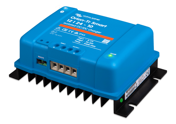 Perspective view of Victron 12/24-10 charger showing terminal block and remote port