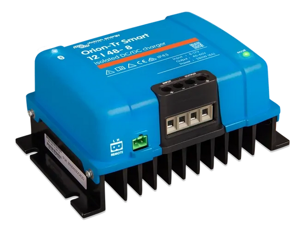 Side perspective of Victron Orion-Tr Smart charger showing the integrated mounting plate