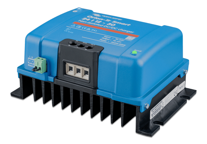 Angled perspective view of the Orion-Tr Smart charger showing the black finned heat sink base